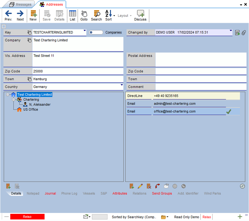 System 5 corporate address book showing a contact with related correspondence