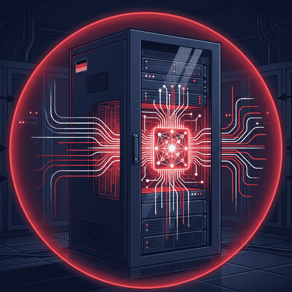 Illustration of a secure server rack representing Reinhardt's private AI infrastructure hosted in Germany