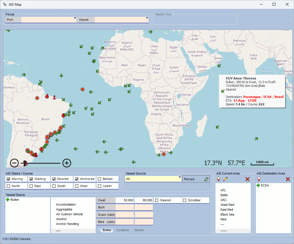SYSTEM 5 AIS tracking showing live vessel positions integrated with the chartering workflow