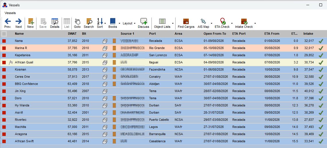 SYSTEM 5 Automatic Position Updater showing vessel positions extracted from incoming emails