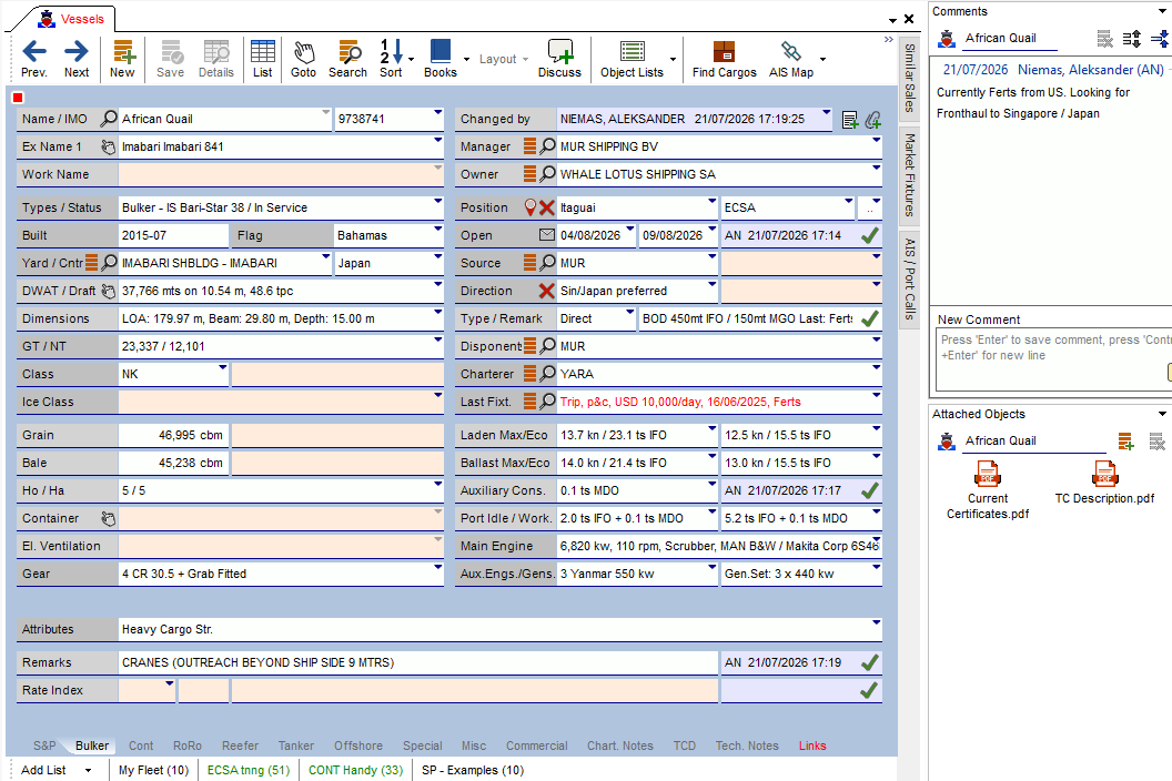 SYSTEM 5 vessel database showing vessel records with specifications and positions