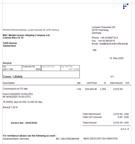 System 5 commission invoice with debit note details