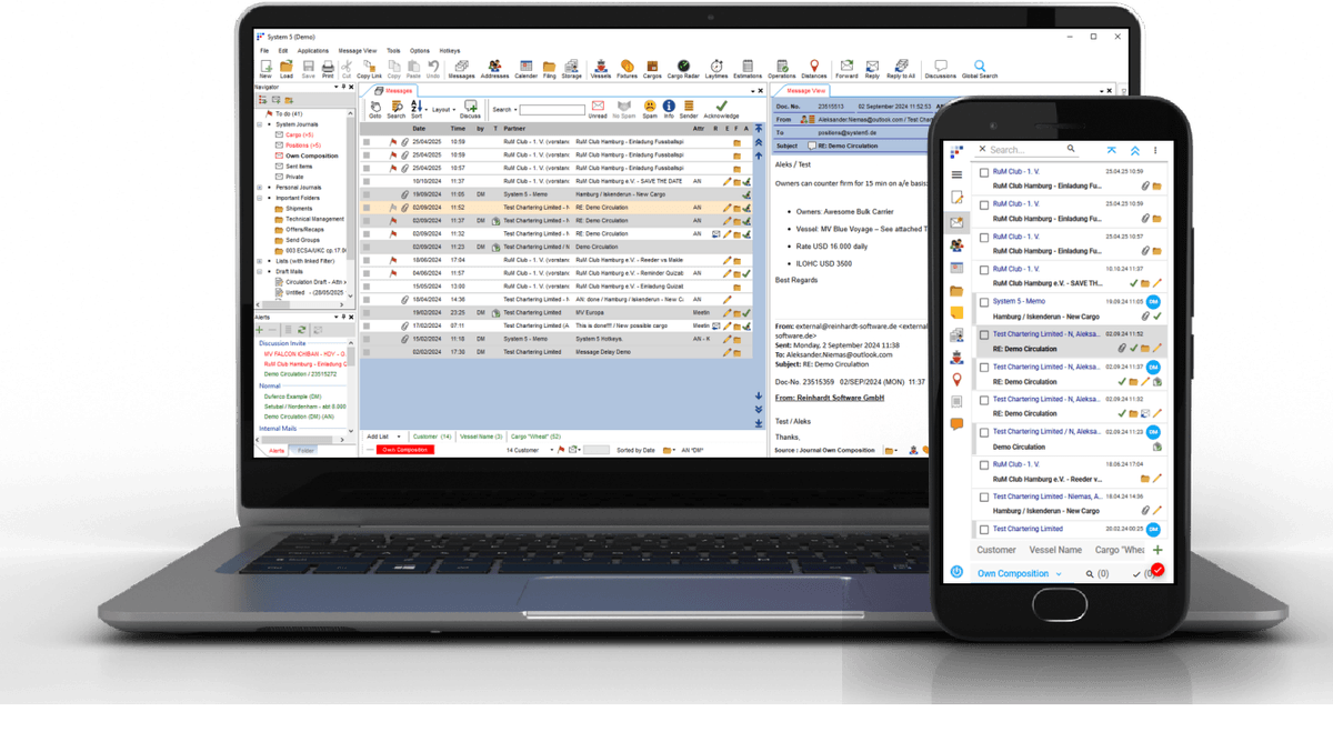 System 5 messaging interface shown on desktop and mobile, displaying a shared team journal with message list and reading pane