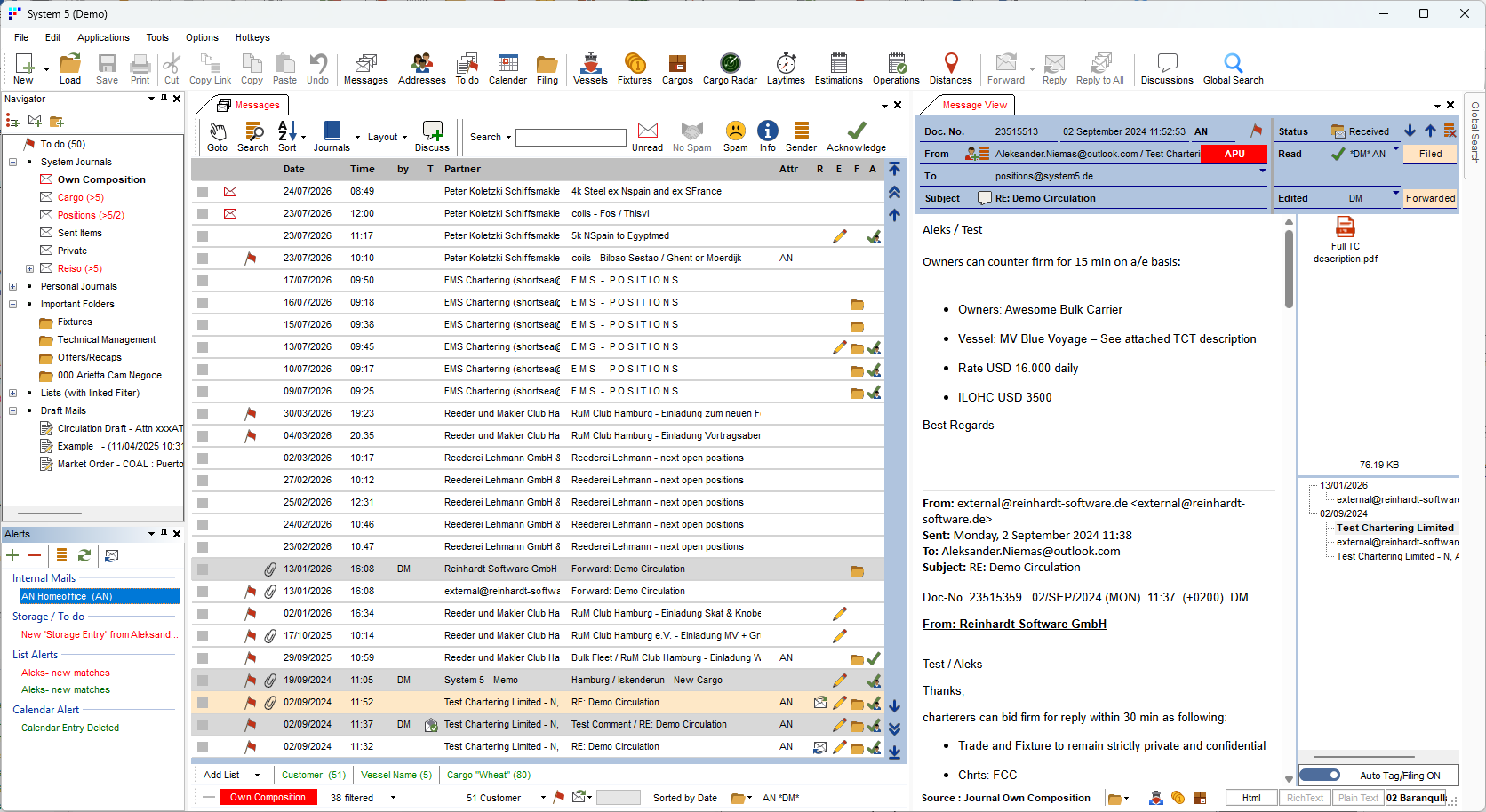 System 5 desktop client showing a shared journal with message list, reading pane and filing structure