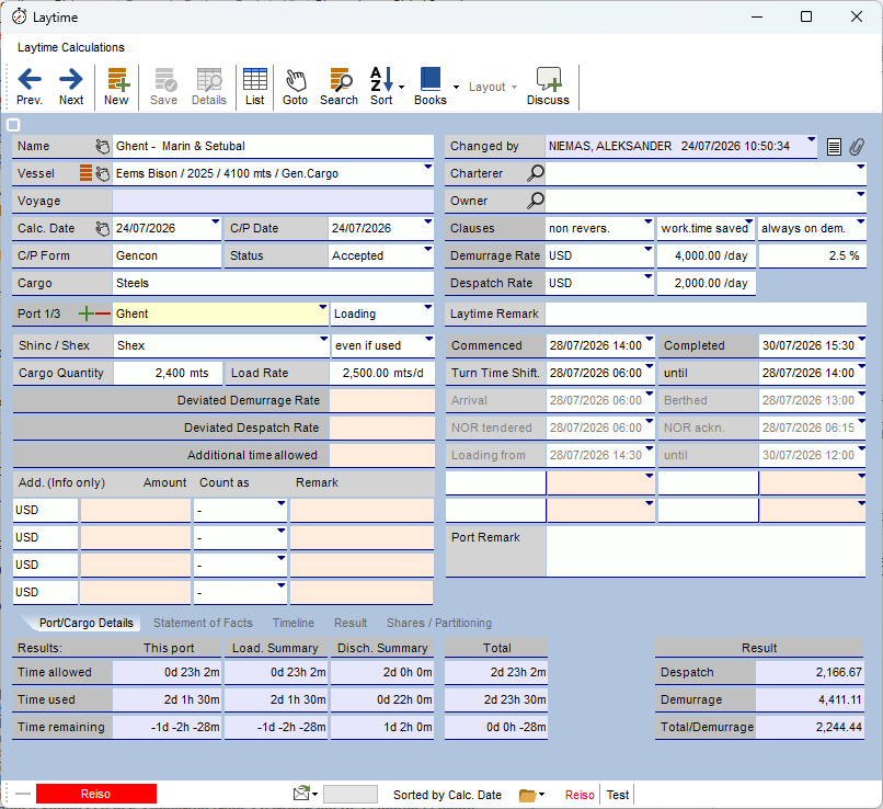 SYSTEM 5 laytime calculator showing port events, time counting, and demurrage result