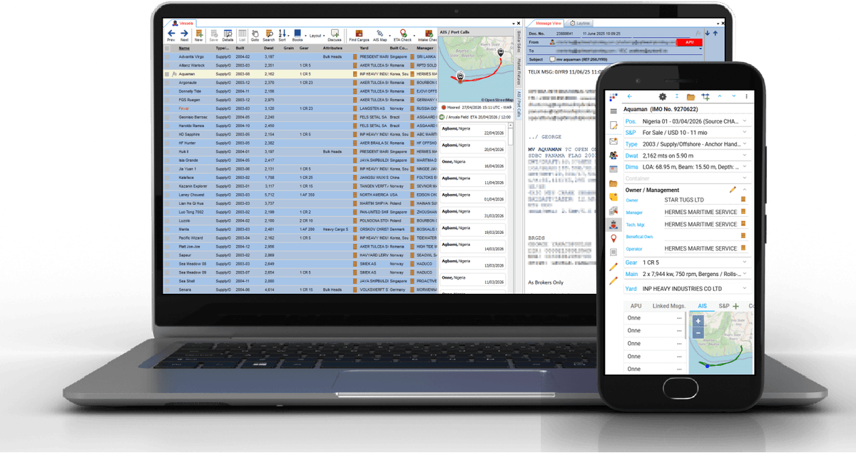System 5 shipping modules shown on desktop and mobile, with vessel, voyage and cargo data