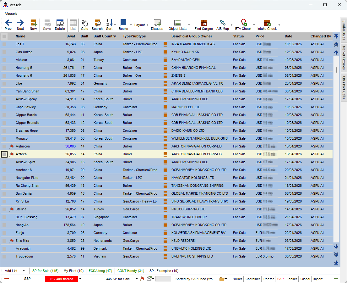 SYSTEM 5 Automatic S&P Updater showing vessel records updated from incoming email circulars