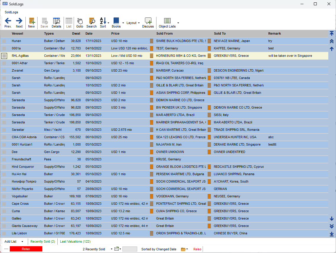 SYSTEM 5 sold logs database showing concluded S&P transactions with buyer, seller, and price details