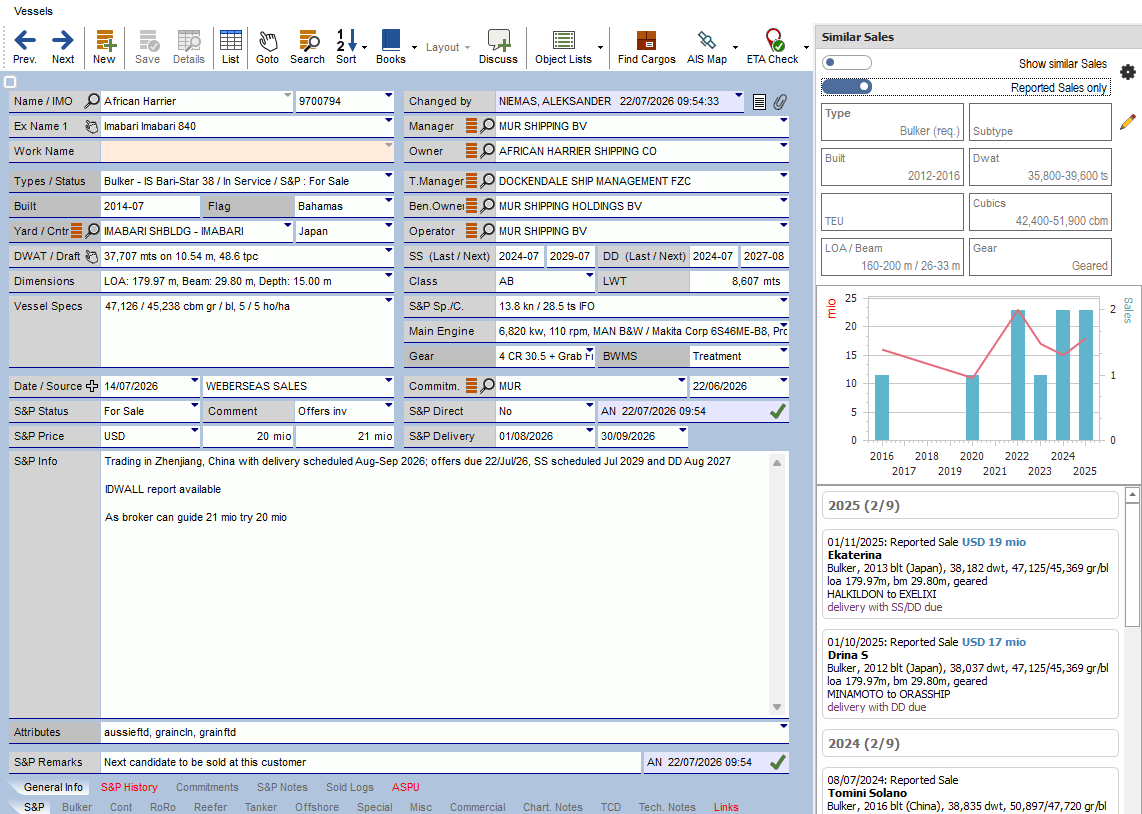 SYSTEM 5 S&P vessel database showing vessel records with S&P pipeline information
