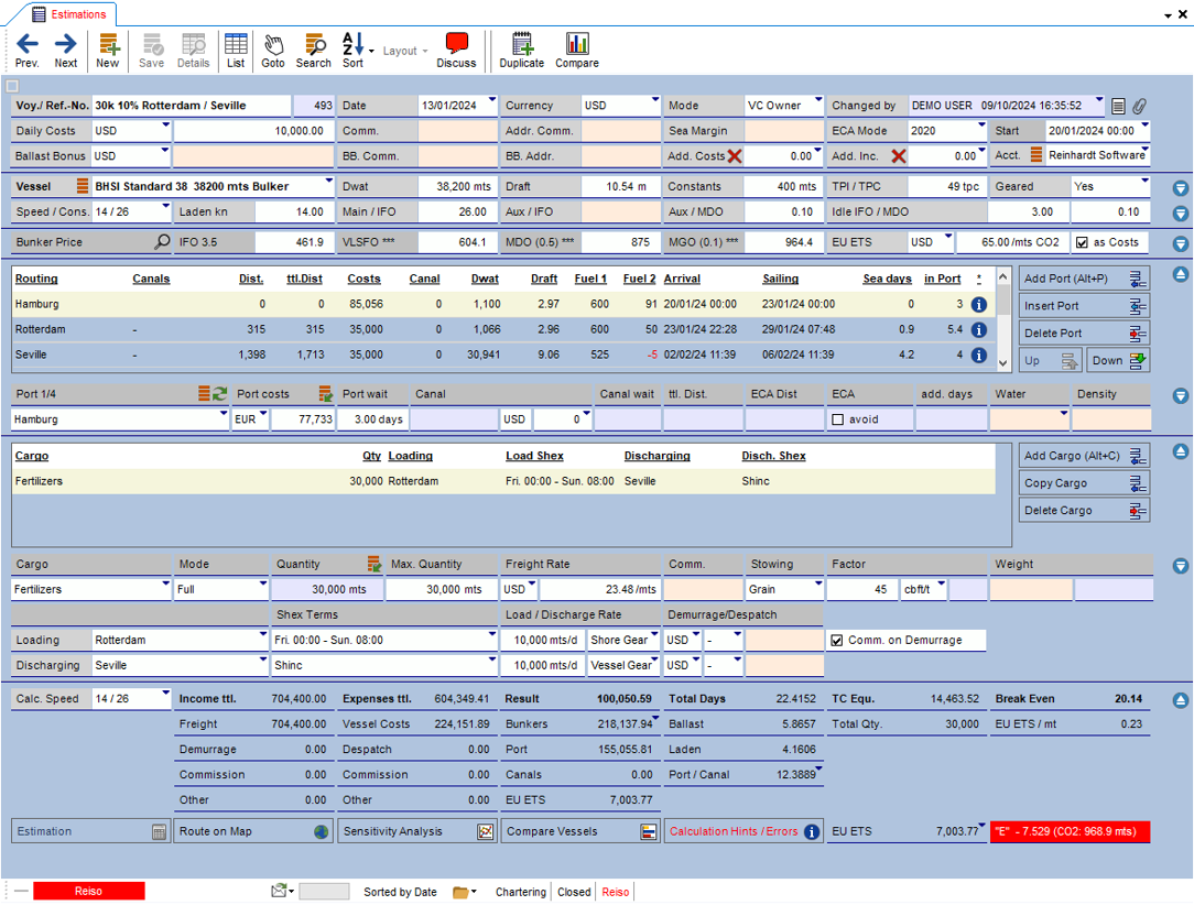 System 5 voyage estimation with routing and profitability figures