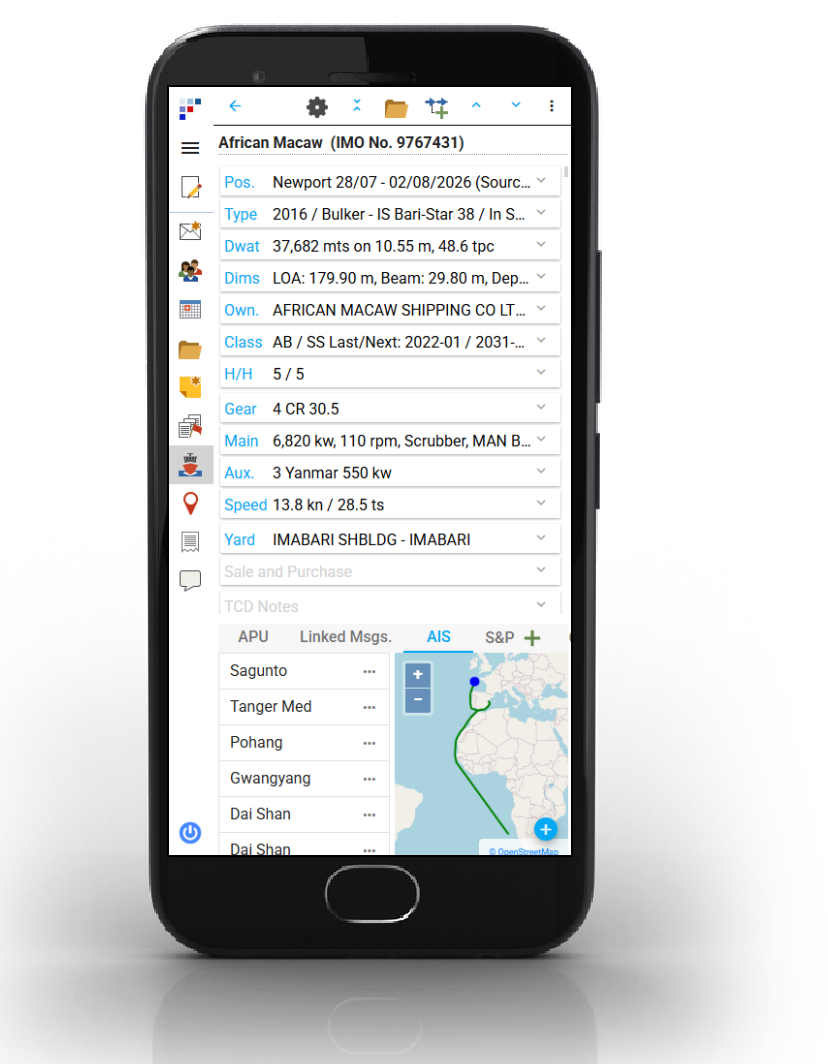 SYSTEM 5 WebApp vessel database on a smartphone